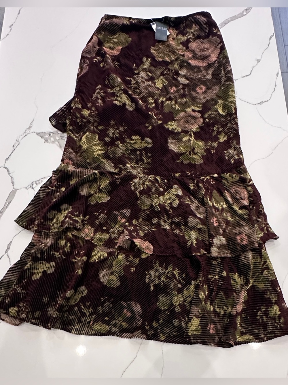 Lauren Ralph Lauren Floral Burnout Velvet Tiered Maxi Skirt Brown Sz 10 NWT - Picture 7 of 9